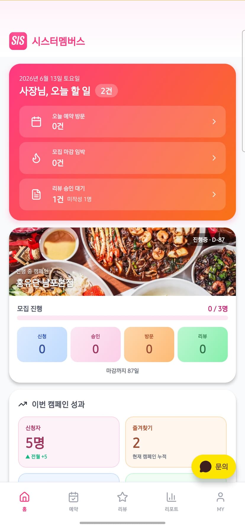 시스터 멤버스 홈 대시보드